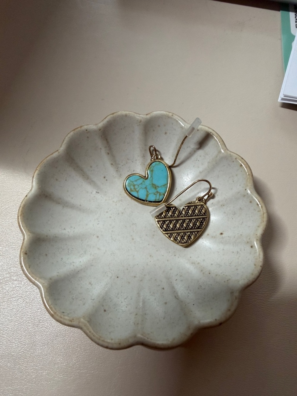 Heart Drop Earrings with Turquoise Inlay and Antique Gold Detail